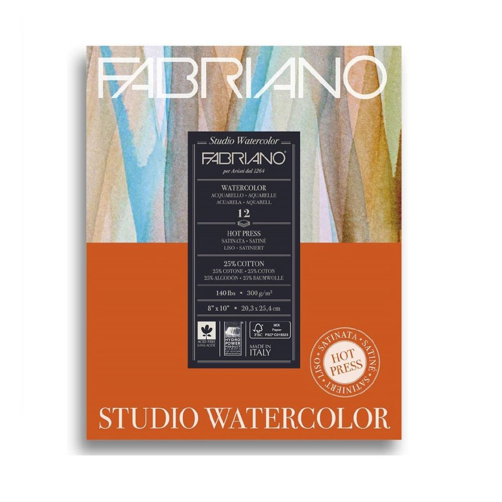 Альбом для акварели Watercolour Studio 25% хлопок, 75% целлюлоза 300 г/м², A5+ 25.4х20.3 см, склейка с одной стороны 12 л, 19123001 сатиновое зерно, Fabriano, 19123001
