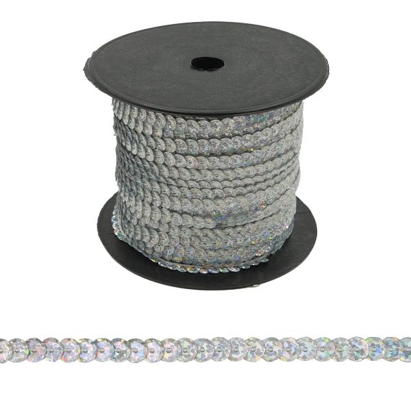 Тесьма пайетки, 6 мм, 73м (50112 серебро)