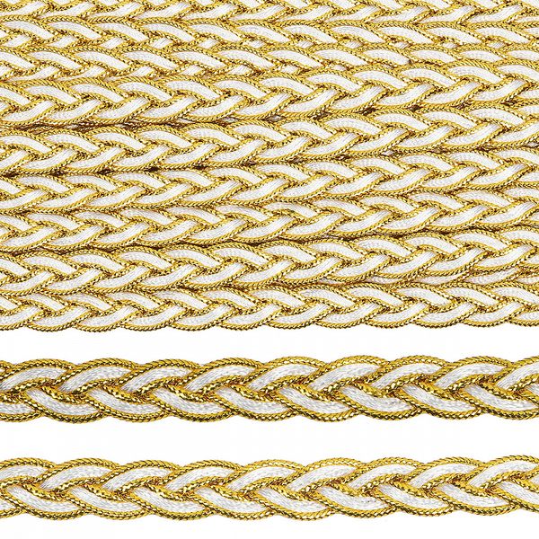 Тесьма отделочная косичка плетеная 10 мм 0385 цв.белый+золото уп.9м