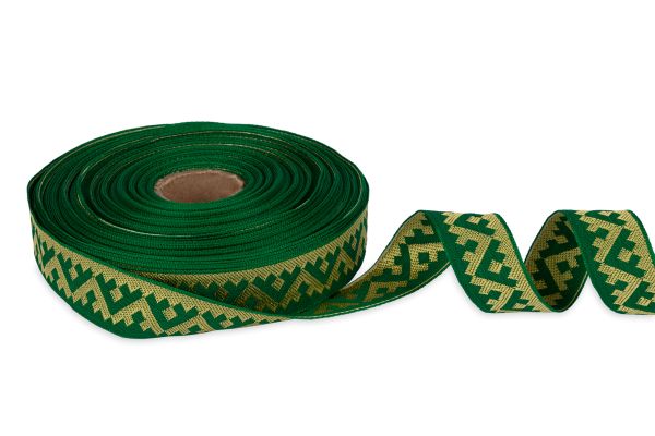 Лента (тесьма) жаккардовая 24.0 мм / 25±1 метров, Орнамент для северных народов, рис 8621 зеленый-желтый, Gamma С3772