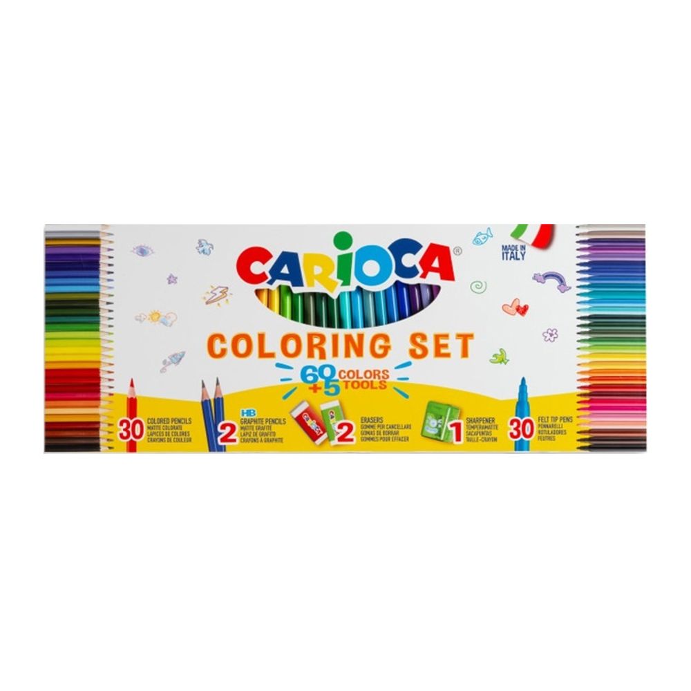 Набор для рисования 30 фломастеров Joy, 30 цветных карандашей, 2 ластика, 2 ч/гр карандаша НВ точилка с контейнером 30 цв 65 предметов шт, Carioca 45181