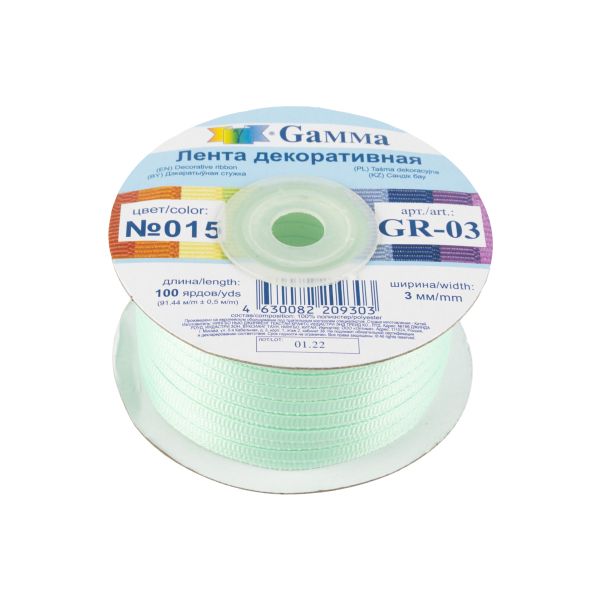 Лента репсовая (в рубчик) _3.0 мм / 91.44 метра, 015 пастельно-зеленый, Gamma GR-03