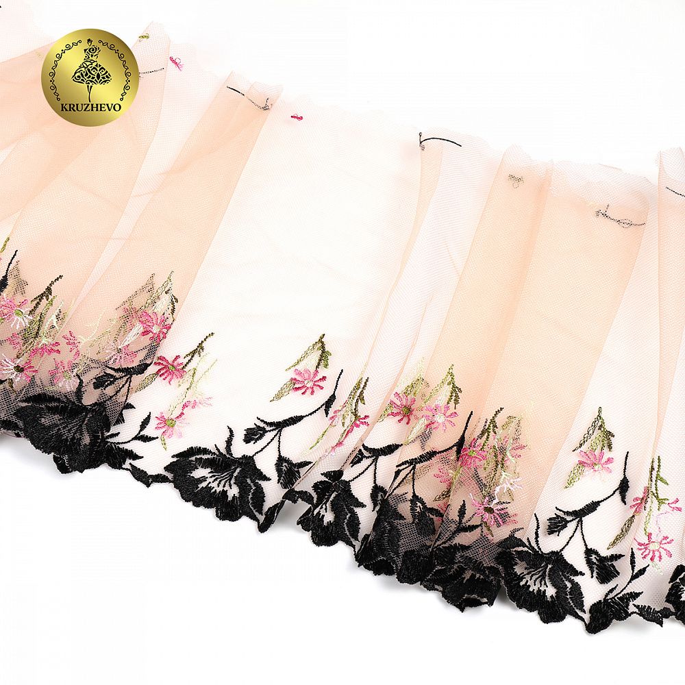 Кружево на сетке (вышитое) 210мм цв.мульти, левая, 6,85м, Kruzhevo