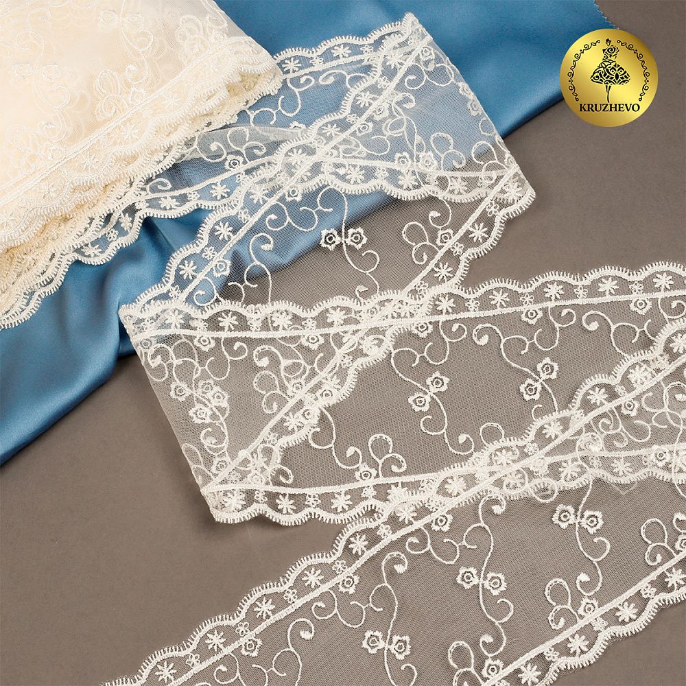 Кружево на сетке широкое 120 мм, цв.W0115 молочный, уп.13.7м, Kruzhevo