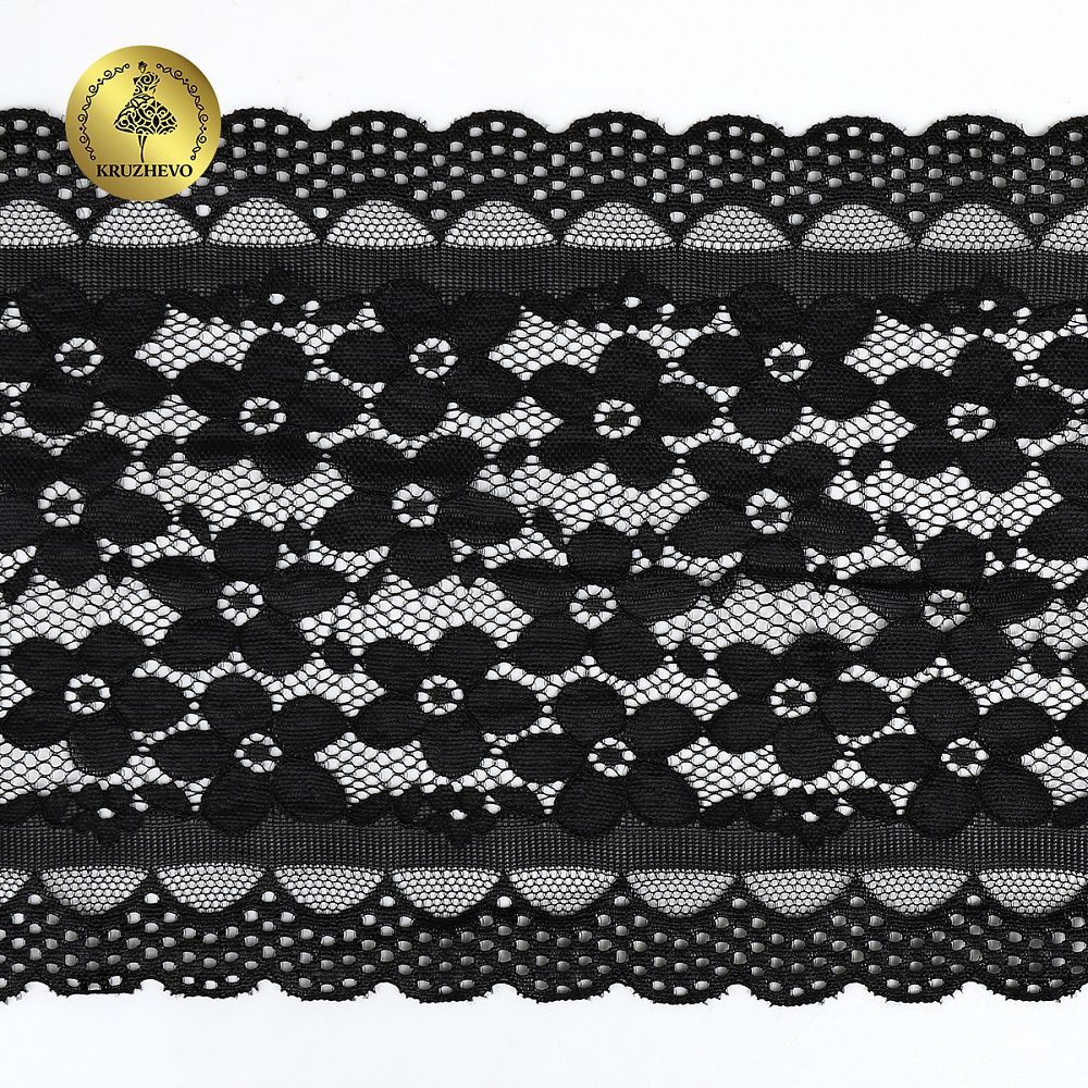 Кружево бельевое эластичное 180 мм / 10 м, цв.2 черный, Kruzhevo