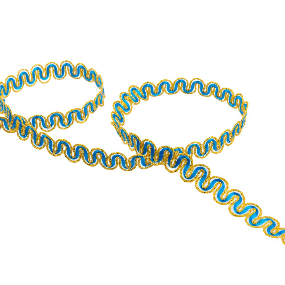 Тесьма декоративная 10 мм / 10 метров, метал. рис. 8657, васильковый /под золото, Blitz