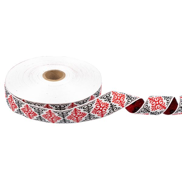 Лента (тесьма) жаккардовая 32.0 мм / 25 метров, Орнамент для северных народов, рис 9788 белый-красный-черный, Gamma С3774