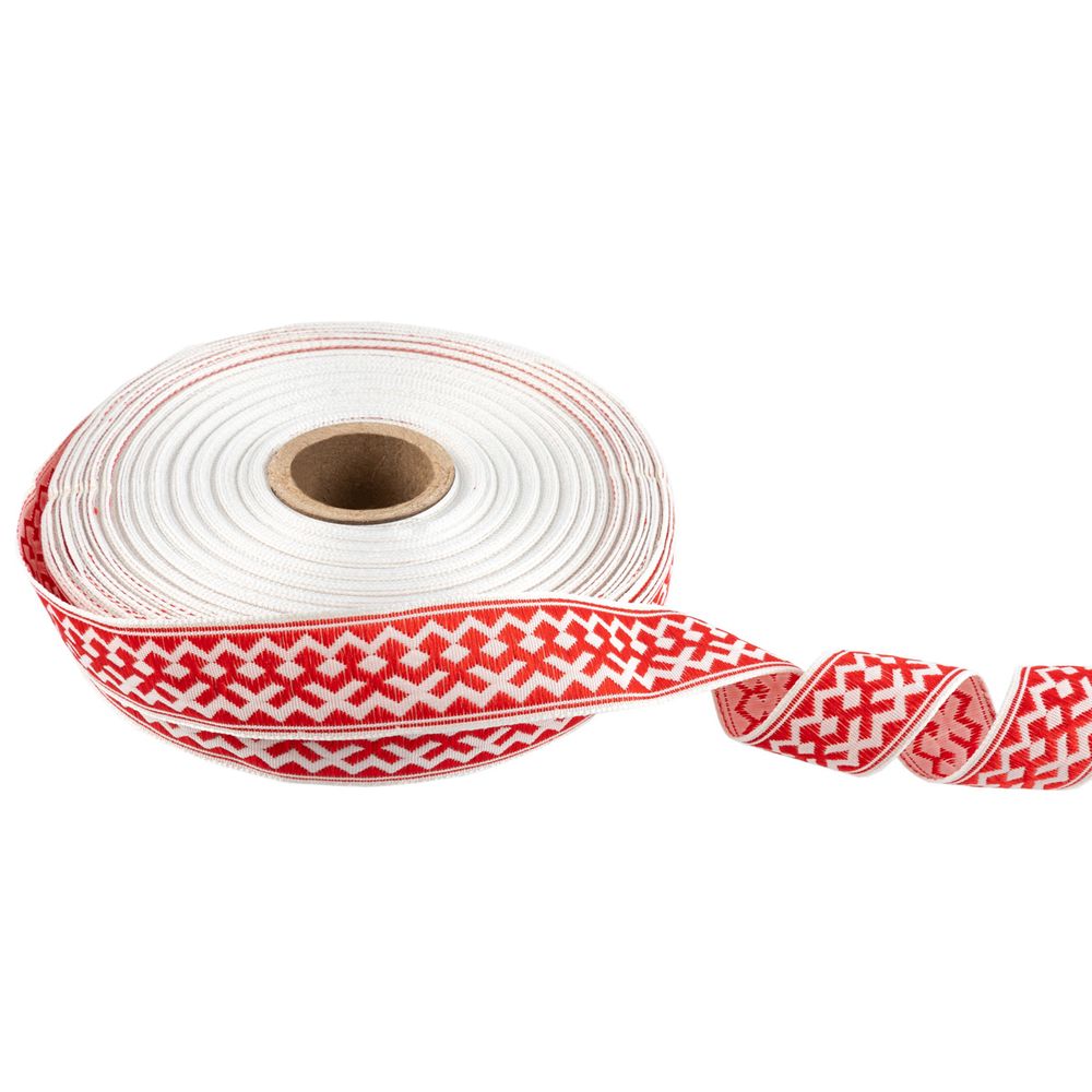 Лента (тесьма) жаккардовая 24.0 мм / 25 метров, Орнамент для северных народов, рис 7527 белый/красный (№1), Gamma С3772