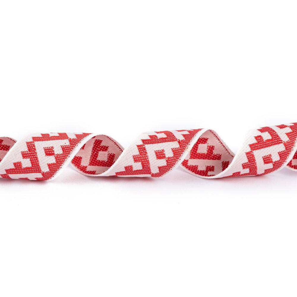 Лента (тесьма) жаккардовая 24.0 мм / 25±1 метров, Орнамент для северных народов, рис 8621 белый-красный, Gamma С3772