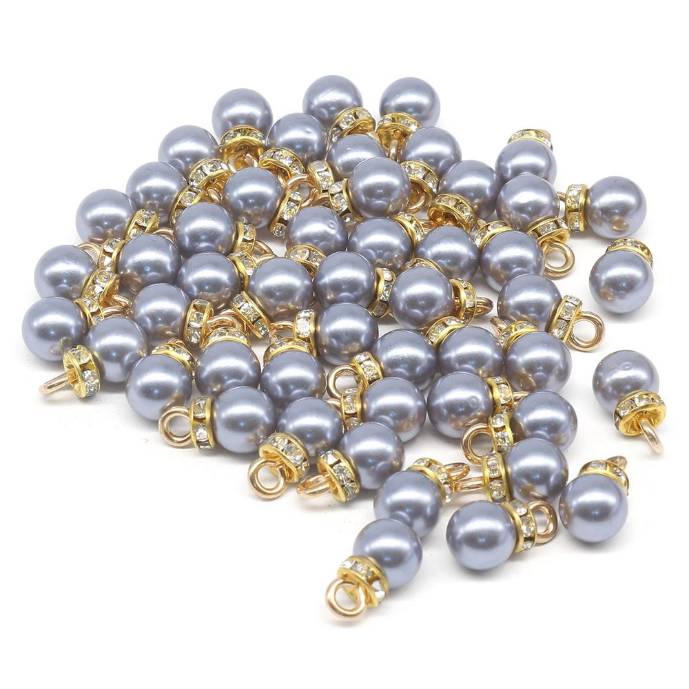 Пуговица-жемчужина 13L (8мм) на ножке со стразами, пластик (серый/золото), 3AR094, 50 шт