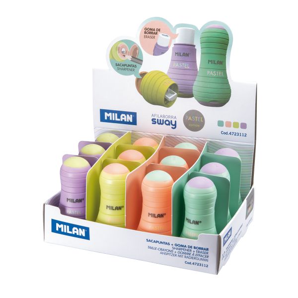 Ластик-точилка Sway pastel 1 отверстие 12 шт, ассорти, Milan 4723112