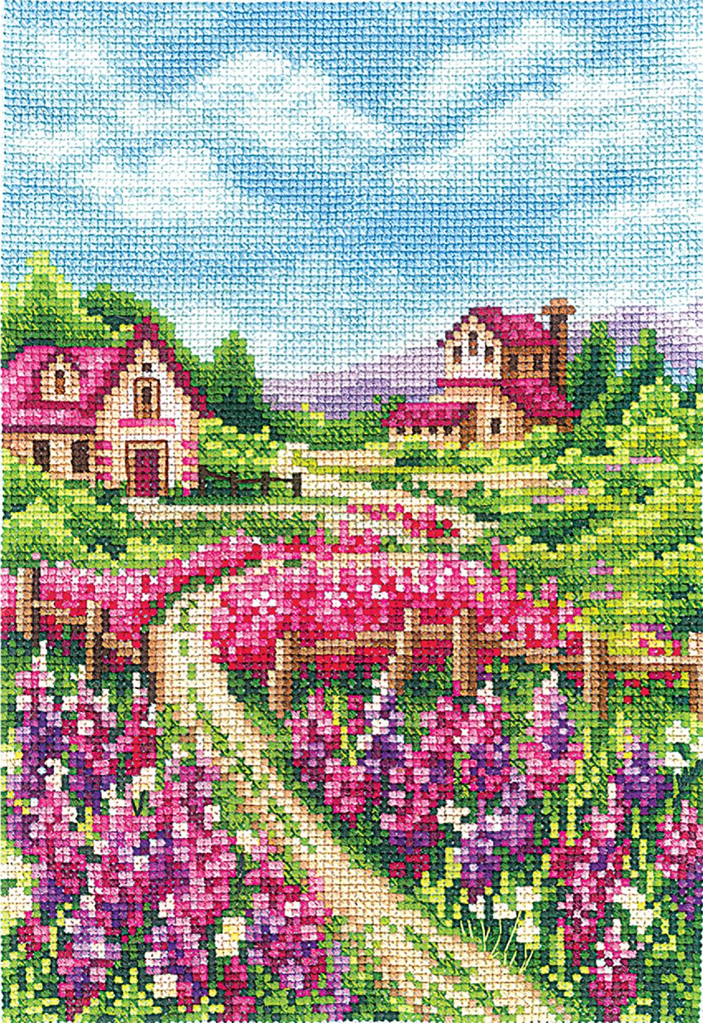 Набор для вышивания нитками Сделай своими руками, Пейзаж с люпинами, 13.5х20 см