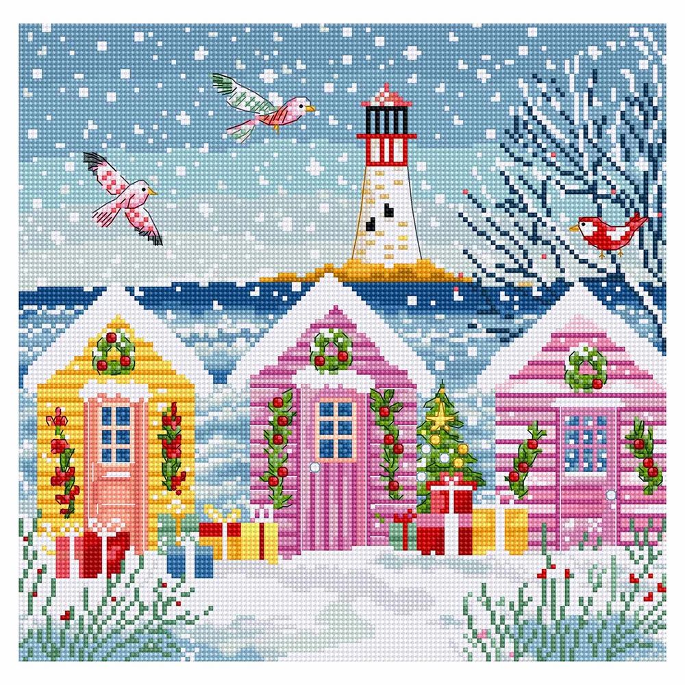 Набор для вышивания нитками LetiStitch L9915, Заснеженные коттеджи на берегу моря 23х22см