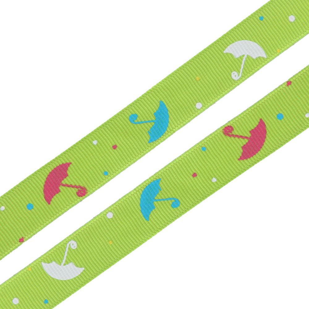 Лента репсовая (в рубчик) Зонтики, 15 мм, 3м, зеленый