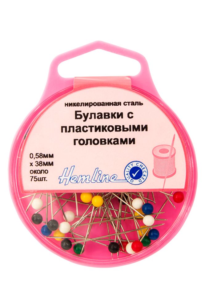 Булавки удлиненные с цветными пластиковыми головками в контейнере, 38 мм, 5х75 шт, Hemline /TOS/