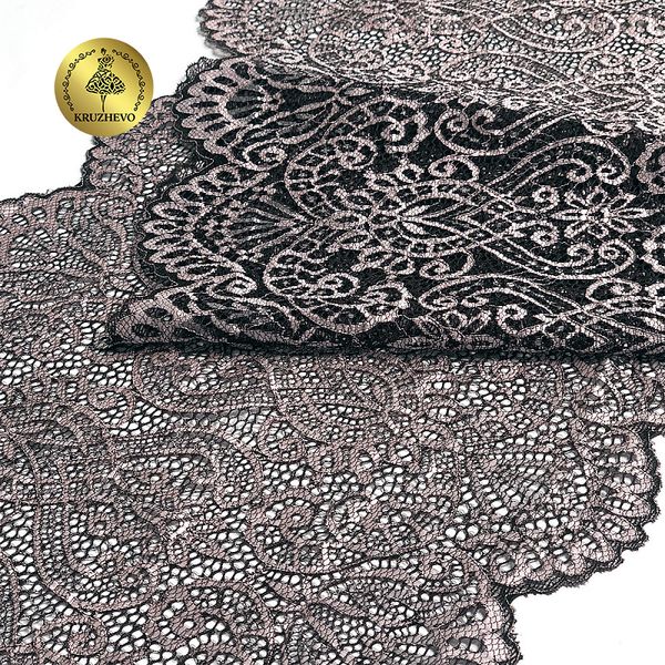 Кружево бельевое эластичное 225 мм / 3 м, TBY.40992, цв.L168 серебристый пион+черный, Kruzhevo