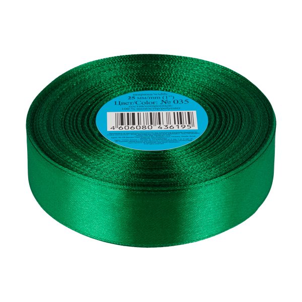 Лента атласная 1-сторонняя 25.0 мм / 33±2 метра, №035 зеленый, в термоплёнке, Gamma