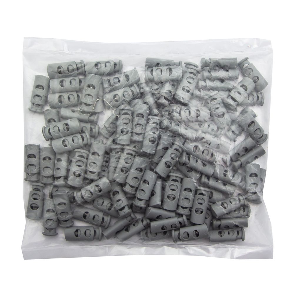 Фиксатор (зажим) для шнура пластик 2 отв., ⌀4.0 мм, 9х22 мм, цилиндр, ПП, св.серый, 100 шт