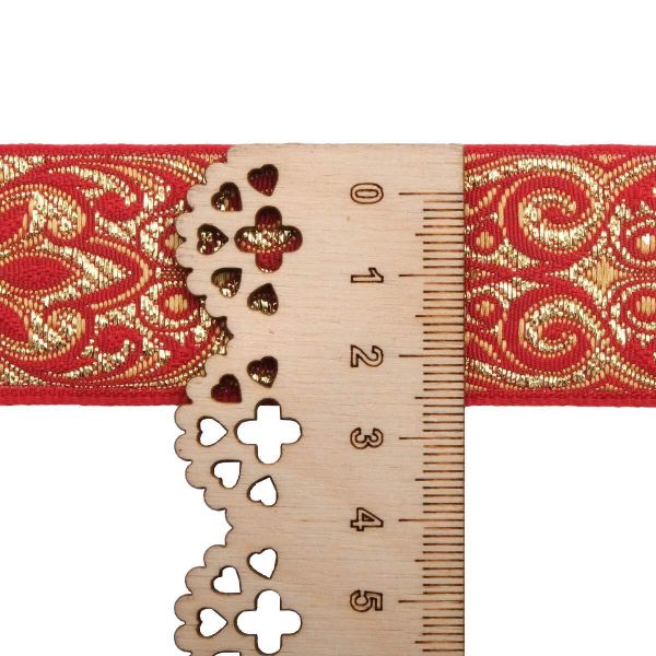 Лента (тесьма) жаккардовая 32.0 мм / 25±1 метров, с метанитом рис. 9171 (11 красный/желтый/золото) С3104Г17