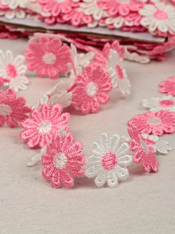 Кружево гипюр (плетёное) ромашка 25 мм / 13.71 метра, TBY.12243, цв.розовый+белый, Kruzhevo