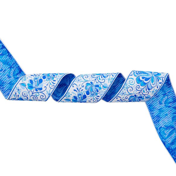 Лента (тесьма) жаккардовая 50.0 мм / 25±1 метров, рис. 9568 Гжель, (4 белый/синий/голубой) С3379Г17