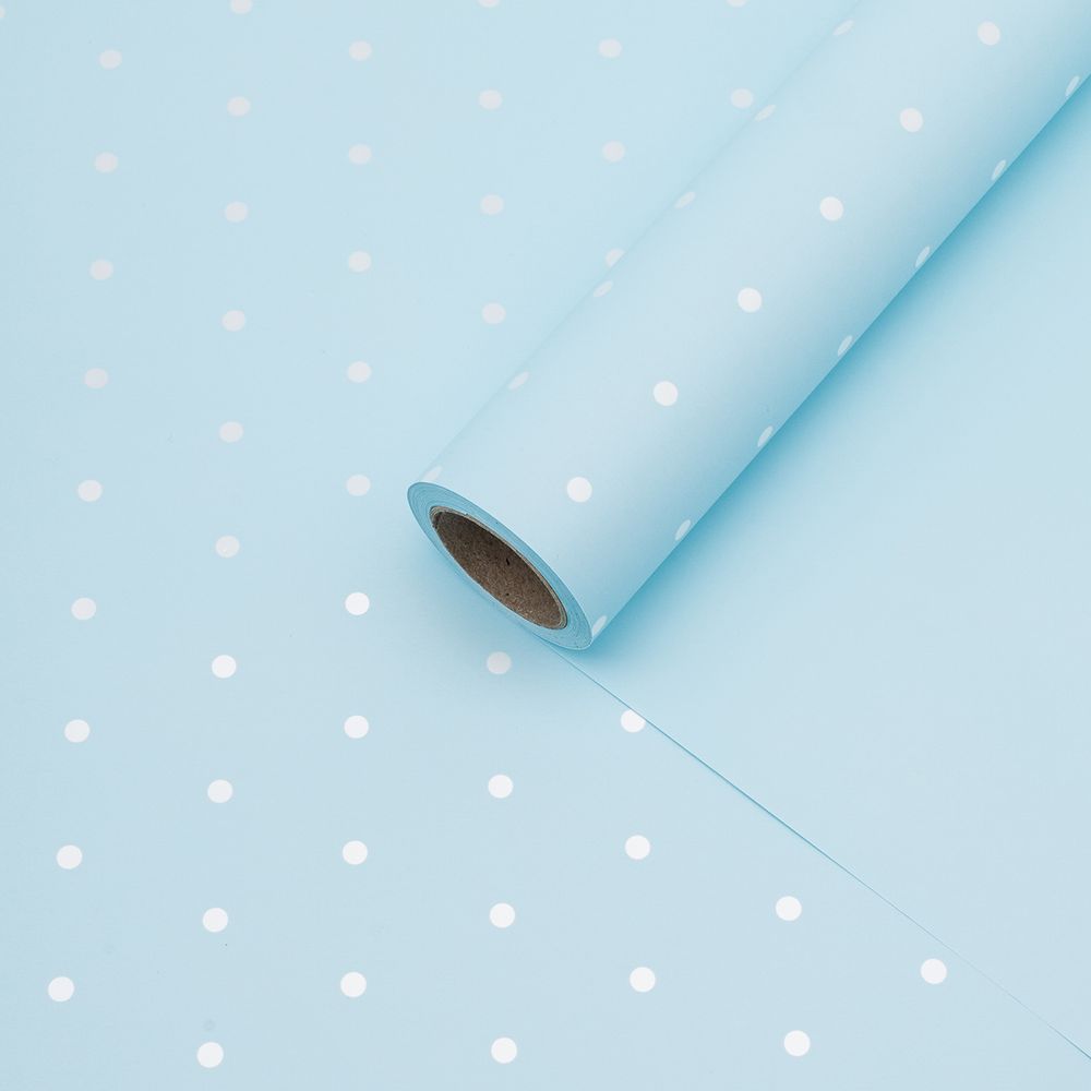 Пленка упаковочная для цветов и подарков Точки, 65 мкр, 58см / 10м ± 5% (VH2550 голубой с белыми точками)