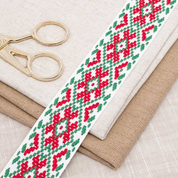 Лента (тесьма) жаккардовая 37.0 мм / 50 метров, (268 бел, красн., зел.), Р9723