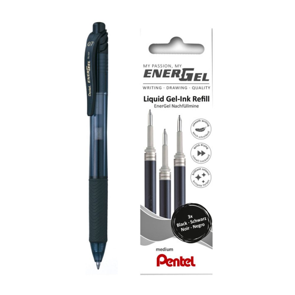 Набор стержней, 3 шт, + ручка в подарок Pentel ⌀0.7 мм, LR7-3A-PROMO черные чернила цвет чернил: черный