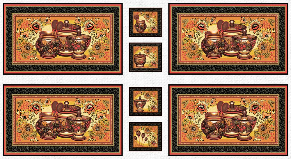 Ткань для пэчворка Peppy Русские традиции, рулон 112 см / 5 метров, РТ-03 Панель черный, Peppy