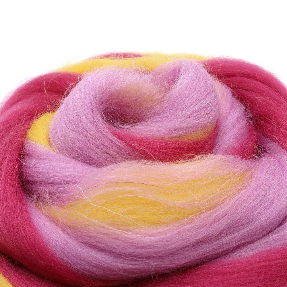 Шерсть для валяния полутонкая 100%, мультиколор, 100г, 1509 мультиколор, жёлтый/св.фиалка/т.цикламен