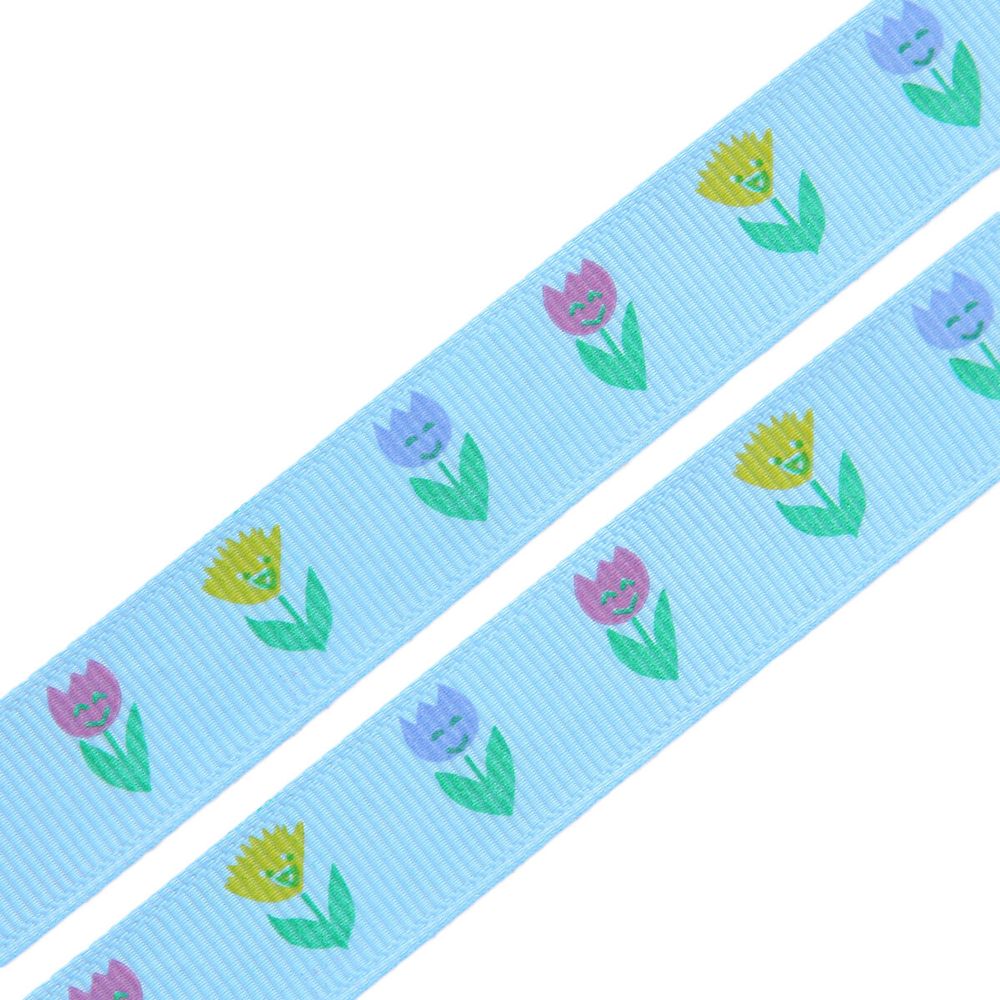 Лента репсовая (в рубчик) Тюльпаны, 15 мм, 3м, голубой