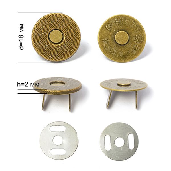 Кнопка магнитная металл на усиках ⌀18.0 мм, h2.0 мм, ТВ.6614.R, цв.антик уп. 10 шт, TBY