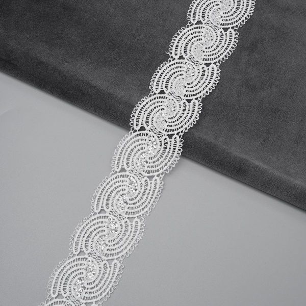 Кружево гипюр (плетёное) 40 мм, / 13.71 метра, с пайетками, белый
