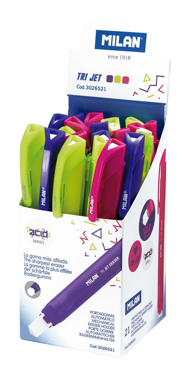 Ластик-карандаш выдвижной Acid Tri Jet 3 цв. 21 шт, 3026521, Milan