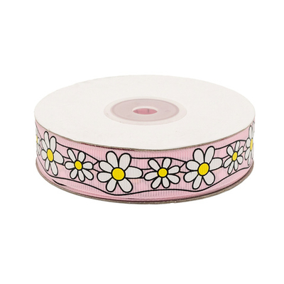 Лента репсовая (в рубчик) Ромашки 1,5см*22.86 м (св.розовый)