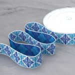 Лента (тесьма) жаккардовая 32.0 мм / 25 метров, Славянский орнамент Оберег, рис. 9788, белый / голубой / синий, С3774Г17