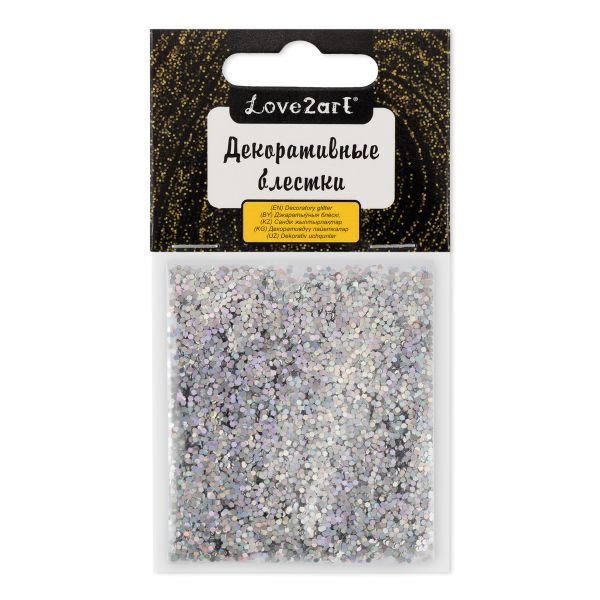 Блестки декоративные 1 мм, 25 г (5х5 г), 4.5 мл, 14 серебро голография/silver holographic, Love2art GLIS-01