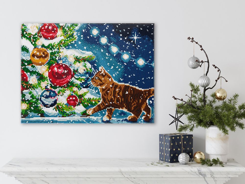 Алмазная (кристальная) мозаика Фрея, на подрамнике Кот у ёлки, 40х30 см