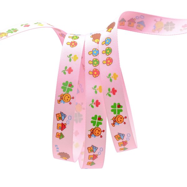 Лента репсовая (в рубчик) PREMIUM Ежик и Пчелка, 16 мм, 22,5м (A5-012 розовый)