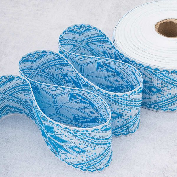 Лента (тесьма) жаккардовая 50.0 мм / 25 метров, Славянский орнамент Оберег, рис.9466, белый / голубой, С3775Г17