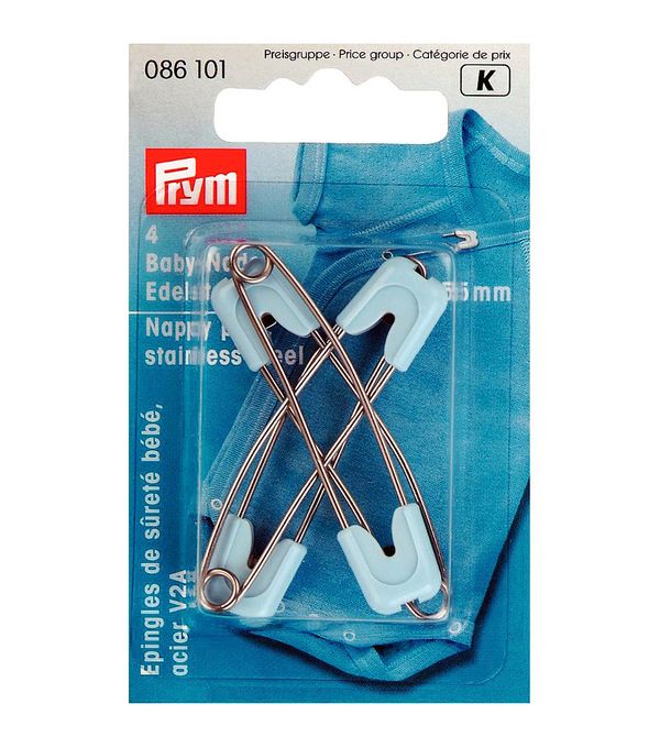 Булавки безопасные с пластиковым замком нержавеющий сплав, 4 шт, голубой/под никель, Prym 086101