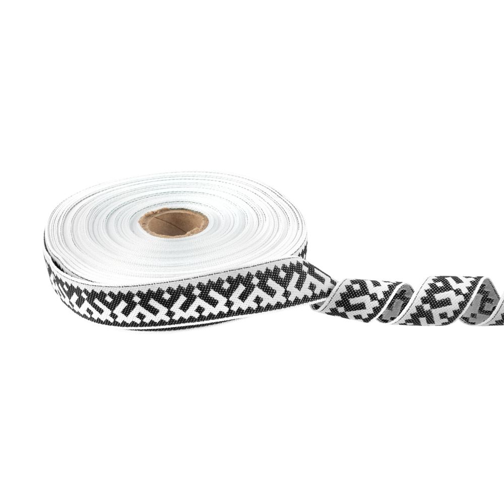 Лента (тесьма) жаккардовая 24.0 мм / 25 метров, Орнамент для северных народов, рис 9674 белый/черный, Gamma С3772