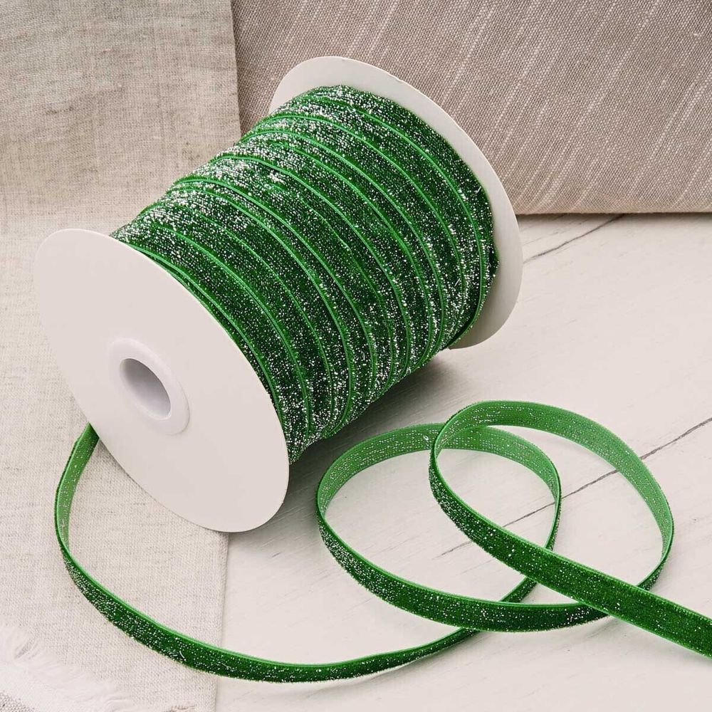 Лента бархатная (тесьма) с люрексом 10.0 мм / 32.9±2 метров, 60 зеленый