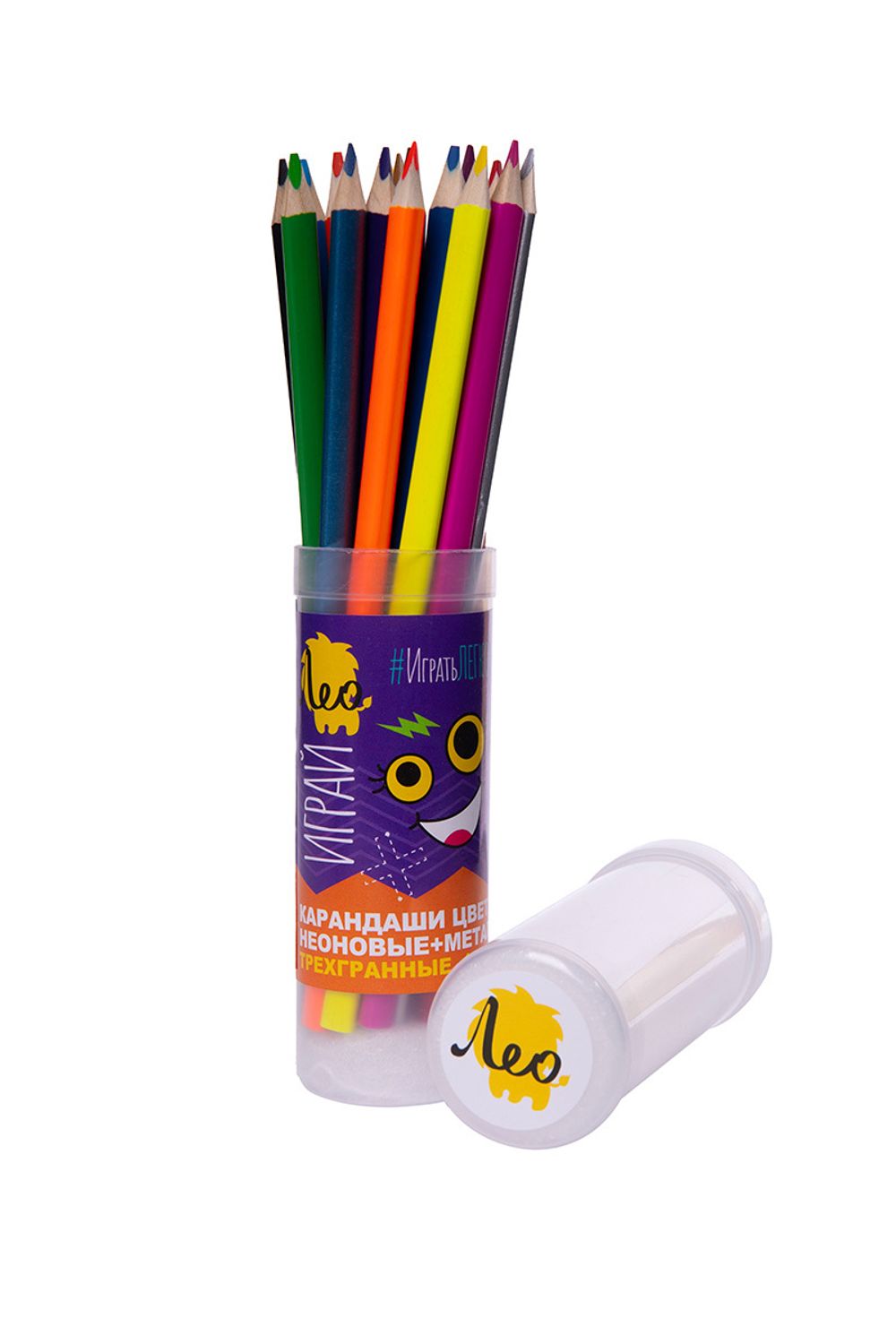Набор цветных трехгранных карандашей (+ неон и металлик) в тубусе, заточенные 2х18 цв, Лео LGTMCP-18