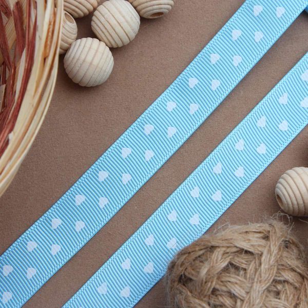 Лента репсовая (в рубчик) Сердечки мелкие, 15 мм, 3м, голубой