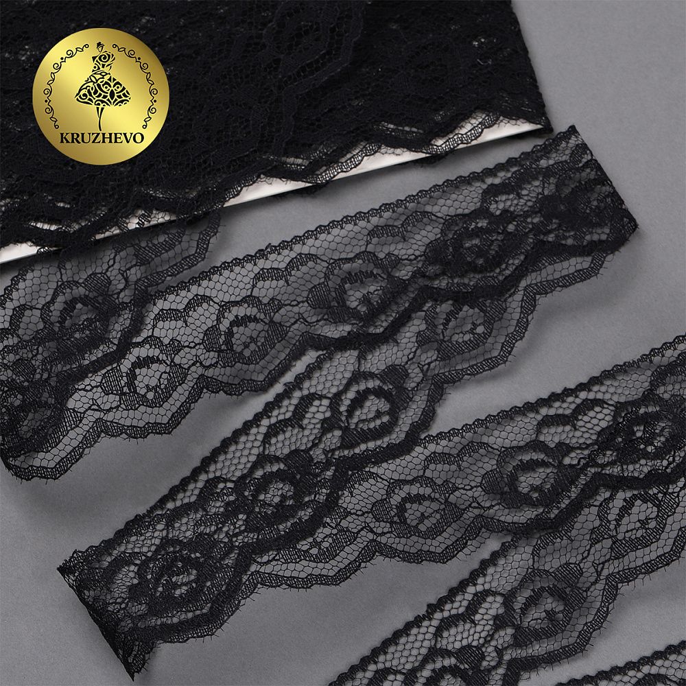 Кружево отделочное в стиле "трикотаж" 28 мм, диз. T-003 цв.черный уп.9м