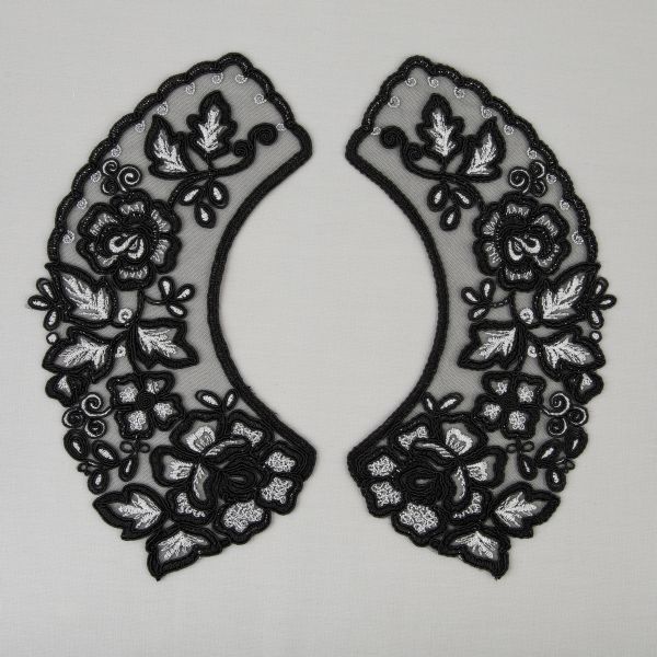 Пришивной кружевной воротник 100 мм, на сетке, 5 пар, Турция, черный/под серебро, Gamma VKRM-27-02