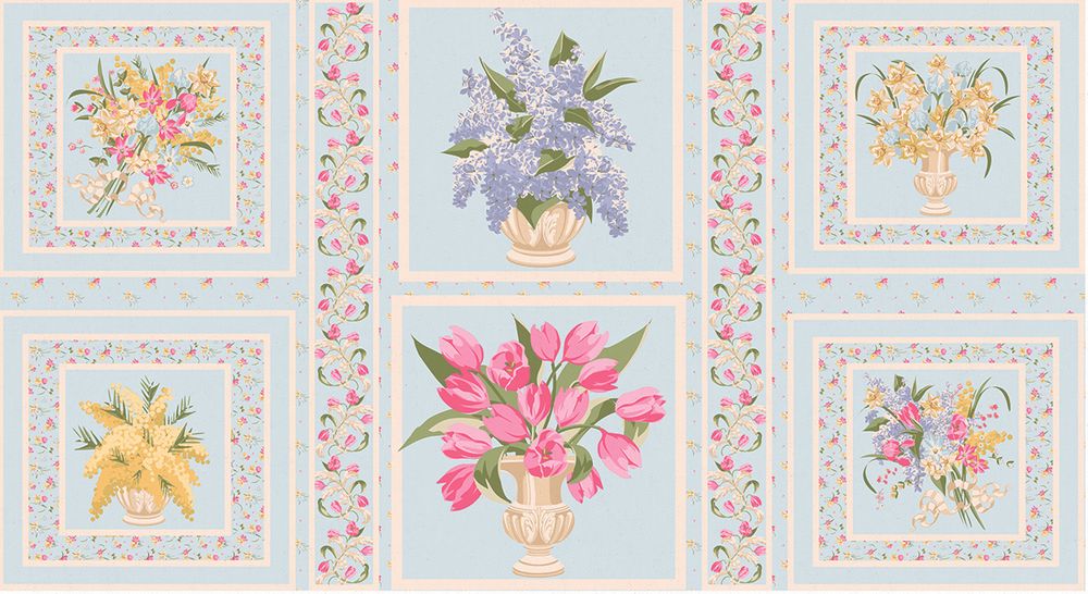 Ткань для пэчворка Peppy Весенний этюд, рулон 112 см / 5 метров, ВЭ-02 Панель голубой, Peppy