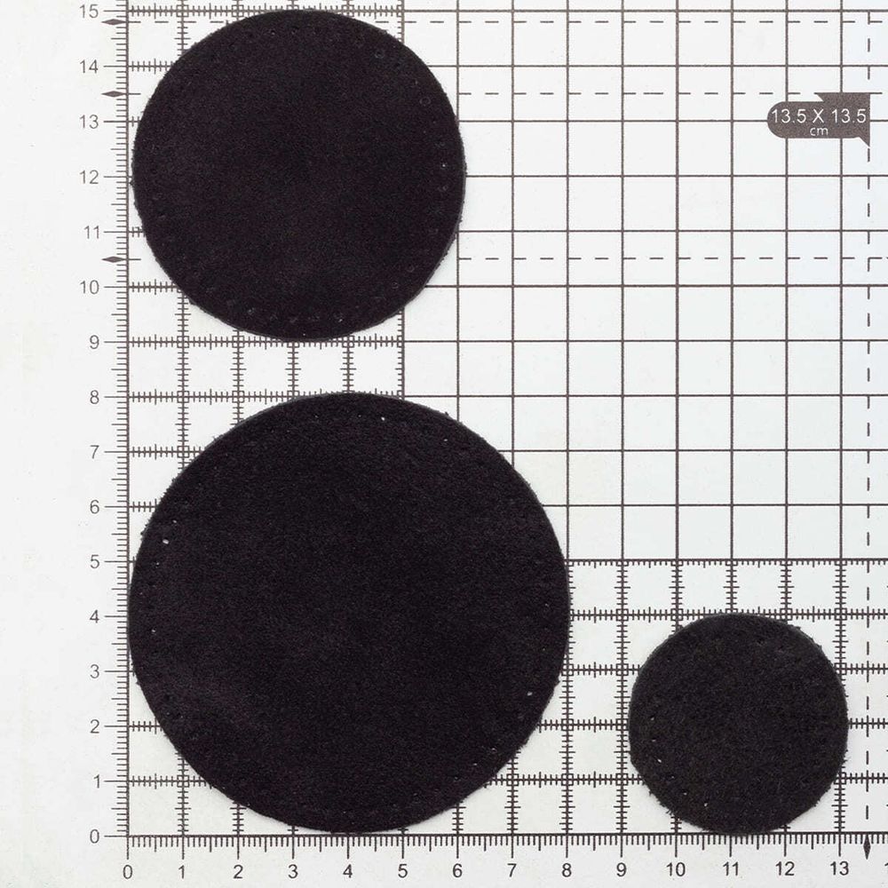 Набор заплаток пришивных из замши, круг ⌀4см, 6см и 8см, с перфорацией, 3 шт, 100% кожа (20 черный), 59401