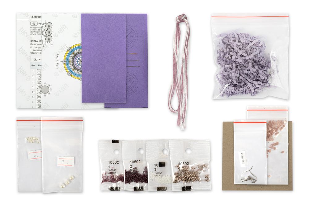 Набор для вышивания бисером Klart, серьги круглые Лиловый орнамент, 3,5х4 см